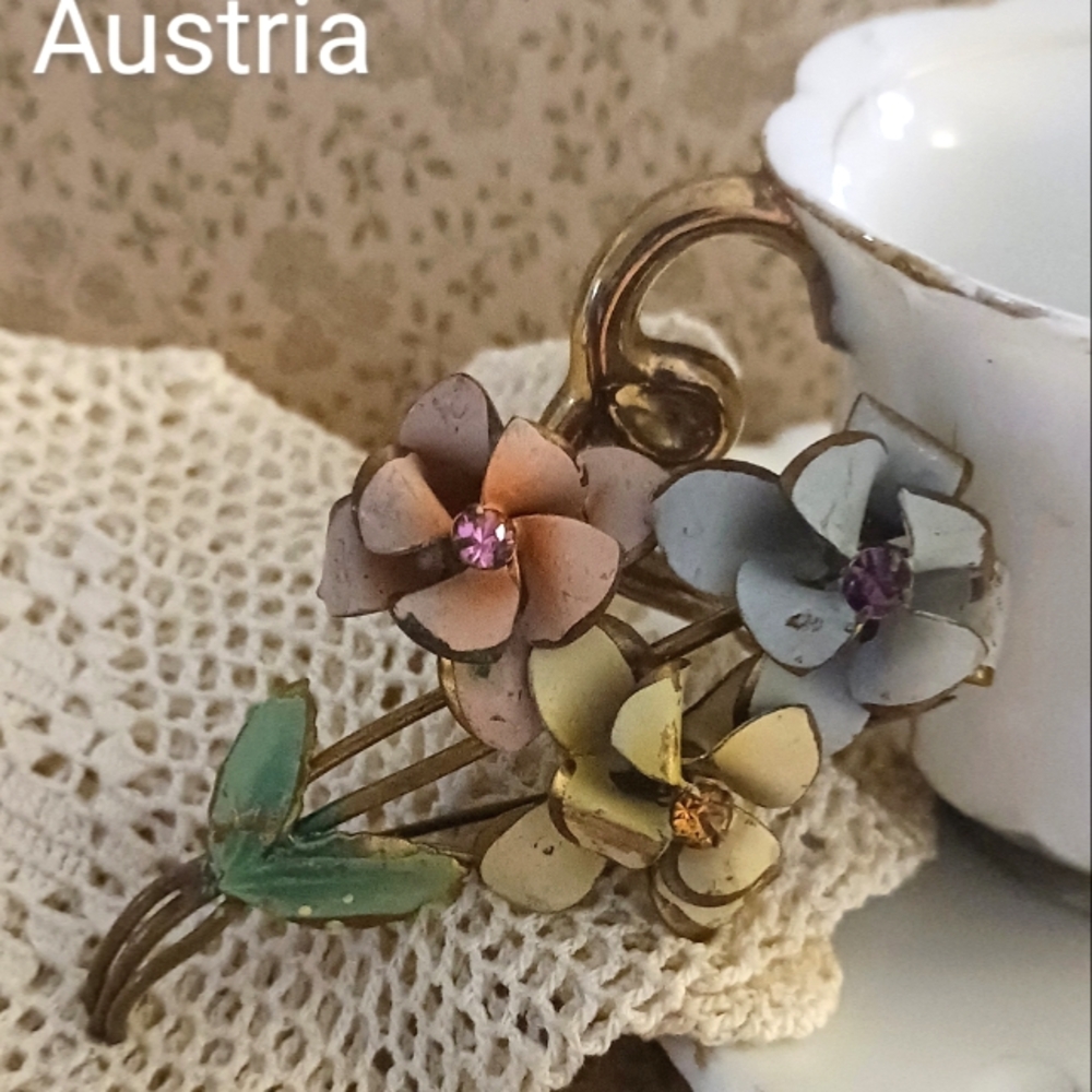 Austria Antique Brooch Dainty Pastel Flowers & Jewels Marked Made In Austria